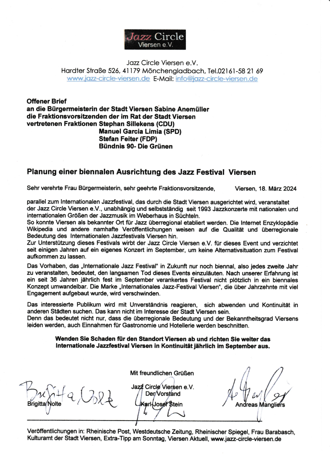 Offener Brief an die Bürgermeisterin der Stadt Viersen und die Fraktionsvorsitzenden der im Rat der Stadt Viersen vertretenen Fraktionen